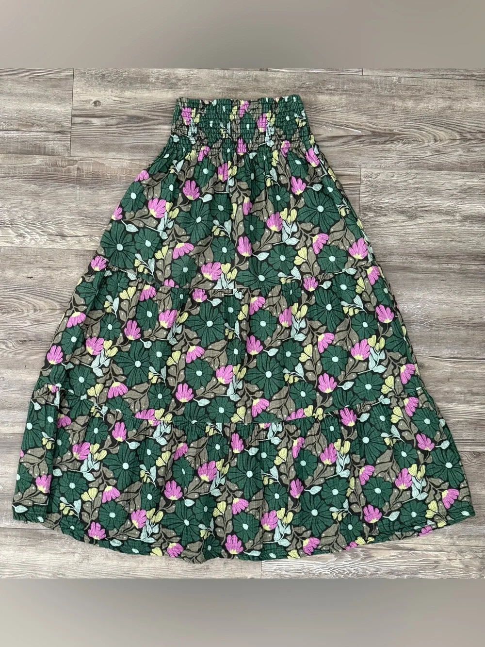 Marine Layer XS Floral Maxi Skirt Smocked Waist Tiered Green Pink Boho